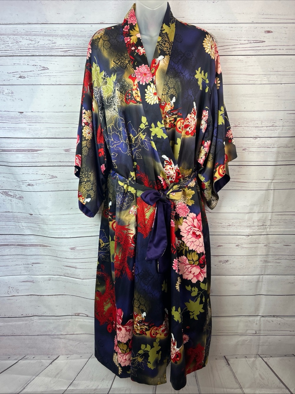 Natori Cruz Multicolor Asian Print Satin Kimono Nightgown & Robe Belted Sz L/XL